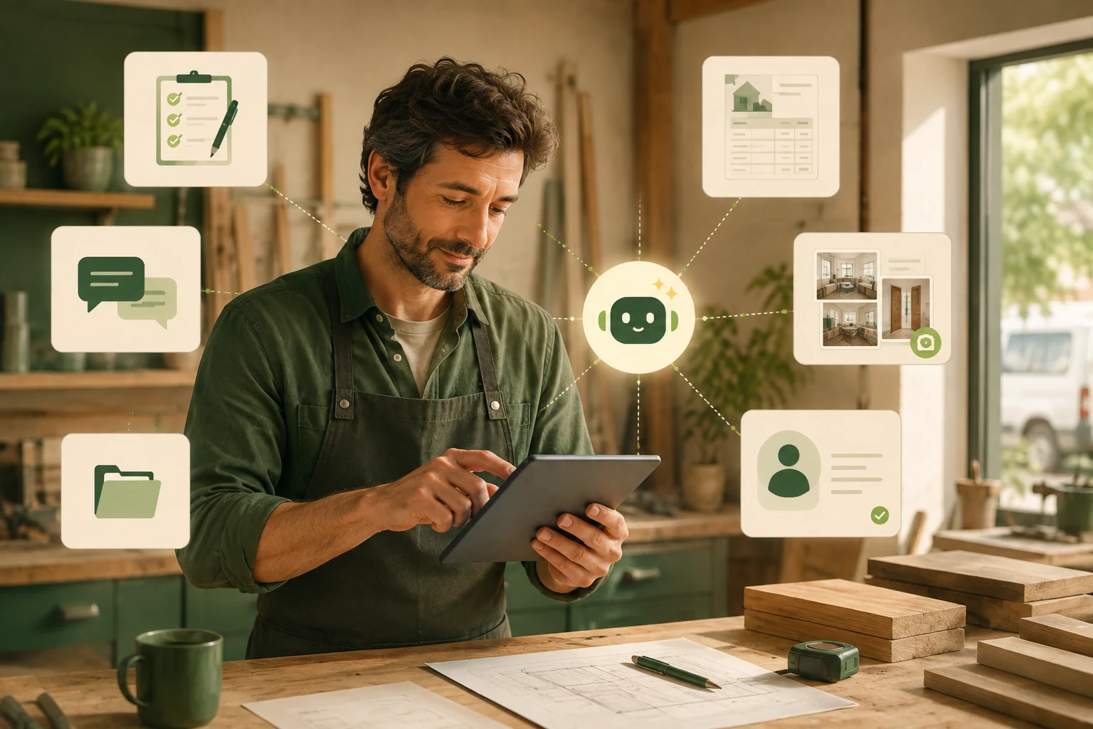 Artisan utilisant une tablette dans son atelier pour organiser devis, photos et demandes client