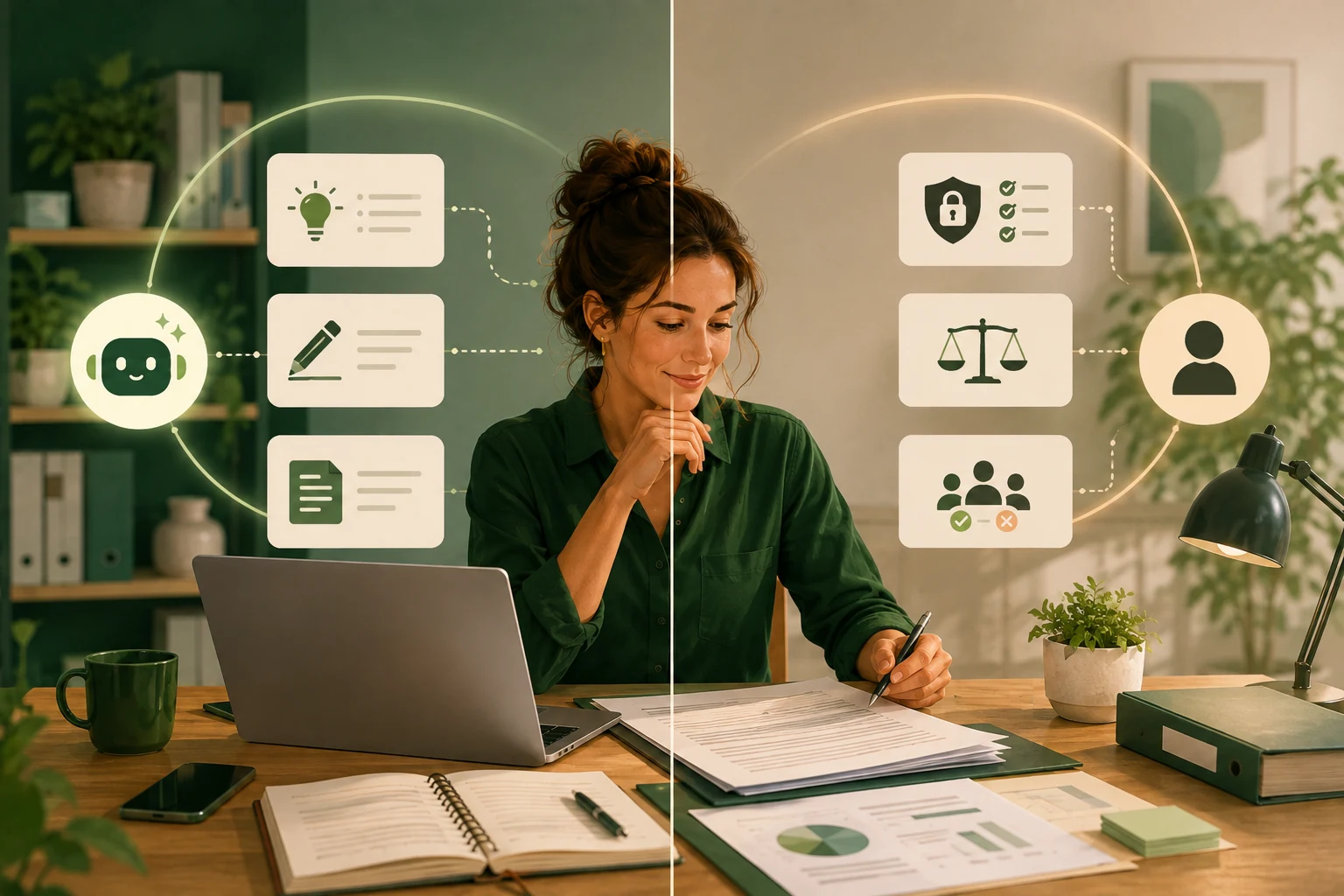 Illustration de la collaboration entre l’assistance IA et le jugement humain en entreprise