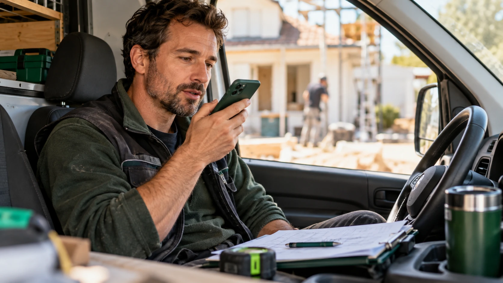 Professionnel garé dans son utilitaire et dictant une note vocale après un rendez-vous