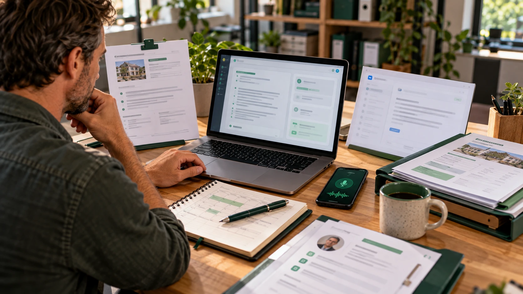 Bureau réunissant compte rendu, agenda, e-mail et dossier client