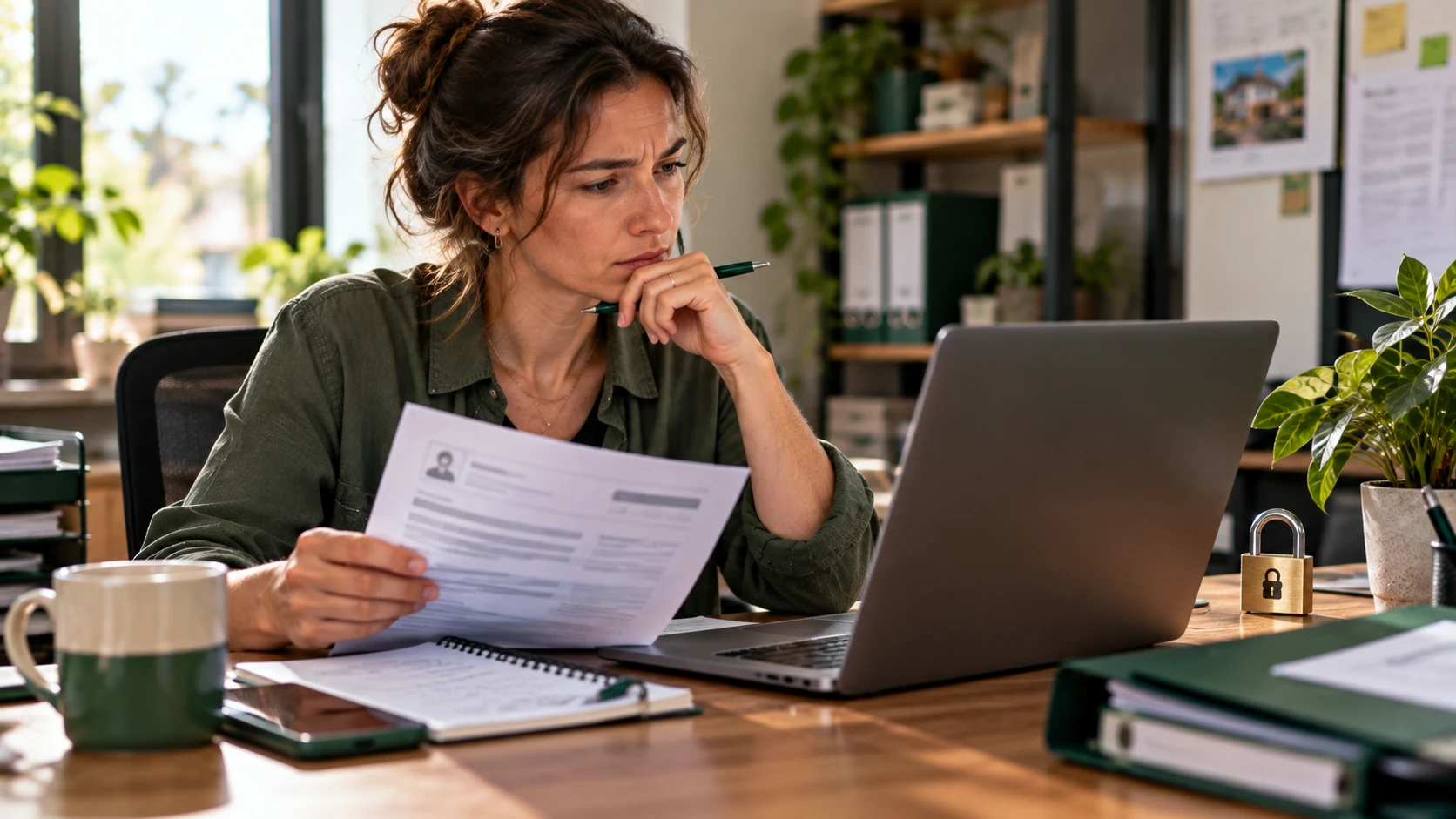 Professionnelle vérifiant un document client avant d’utiliser un outil IA