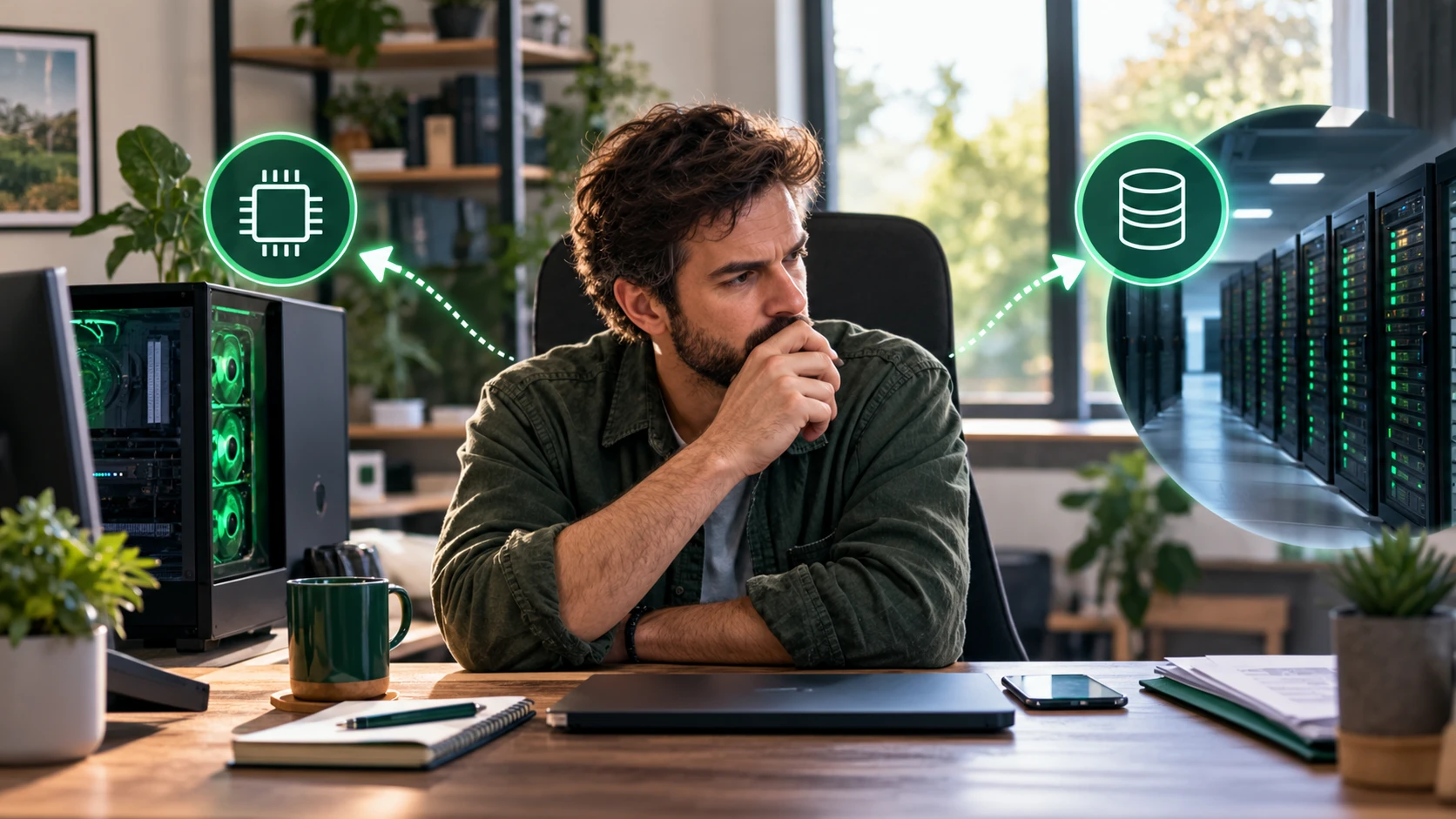 Bureau montrant un ordinateur local et une connexion vers un service distant