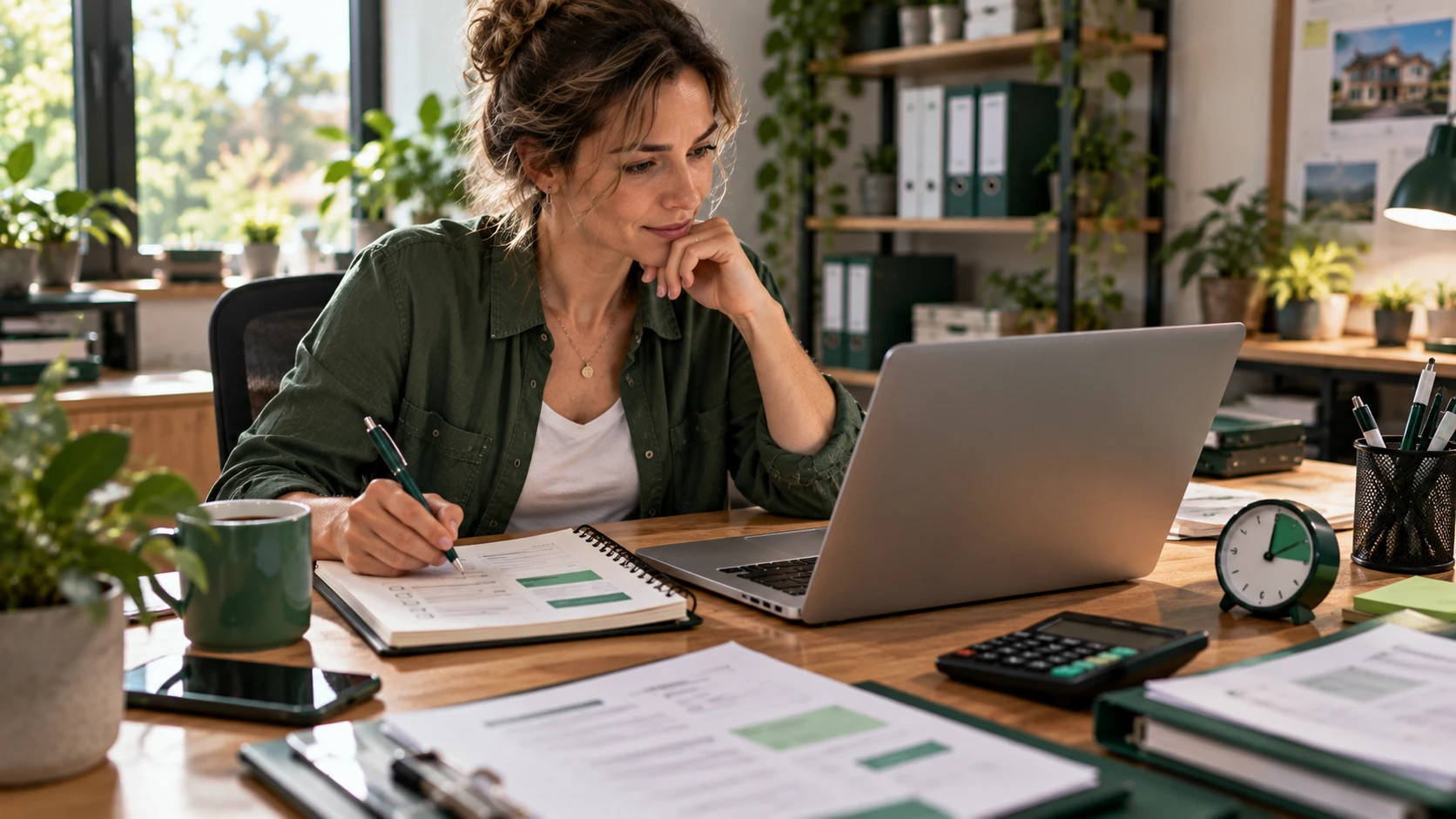 Dirigeante comparant le temps de travail sur un bureau avec carnet et calculatrice