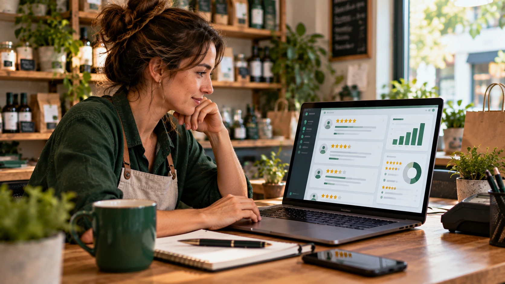 Commerçante analysant ses avis clients devant son ordinateur