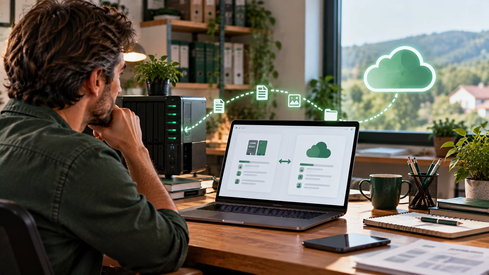 Bureau de petite entreprise avec ordinateur local et accès à un service distant