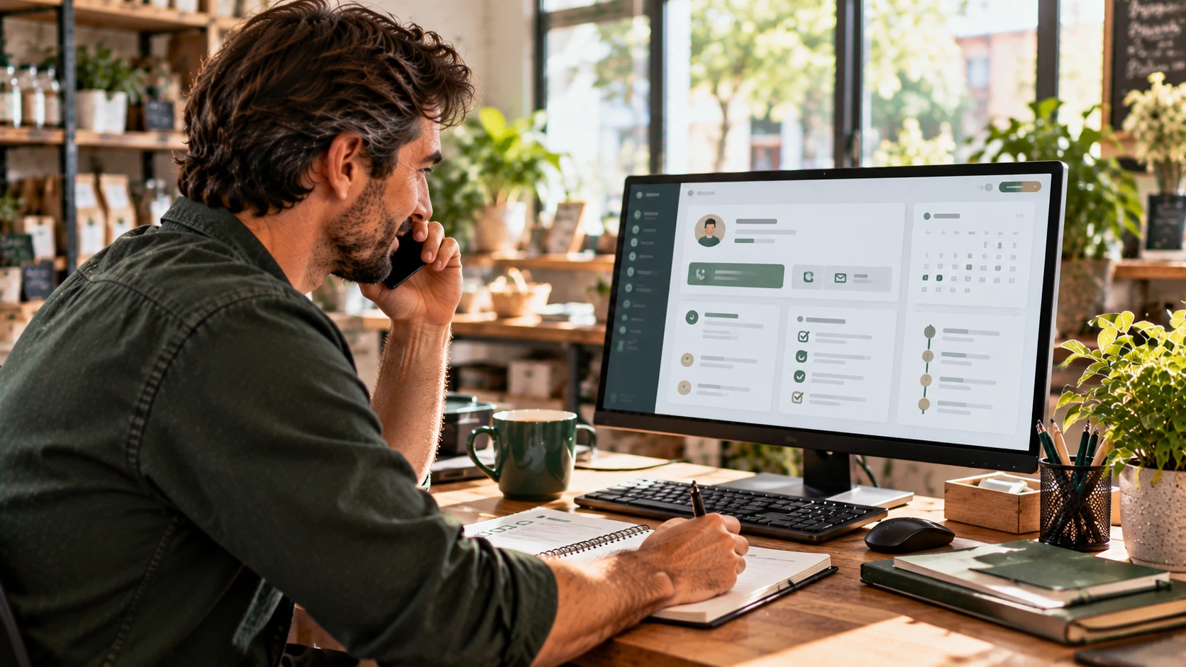 Professionnel au téléphone avec un client devant un dossier organisé