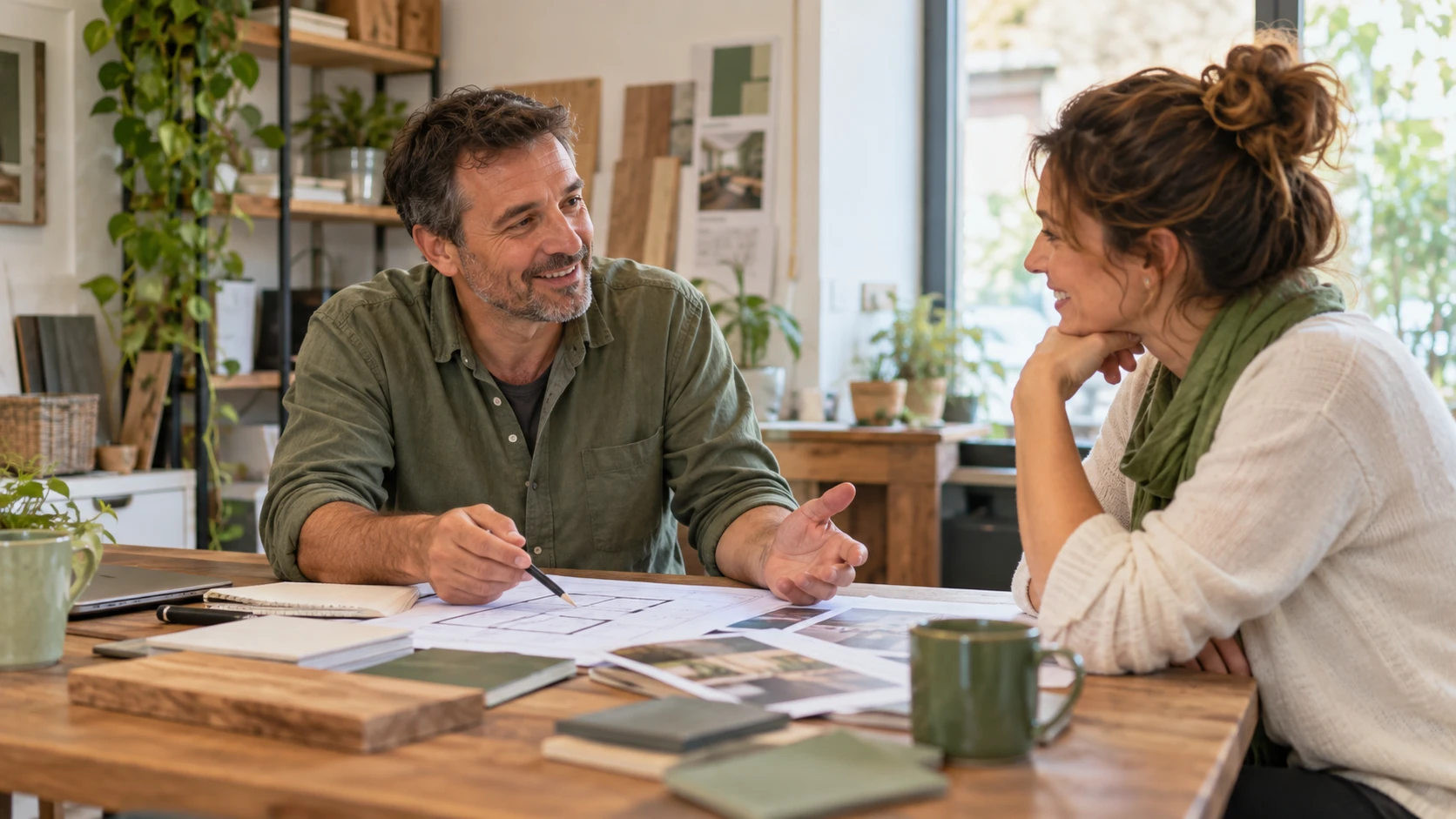 Entrepreneur préparant un article à partir de notes et photos de son métier