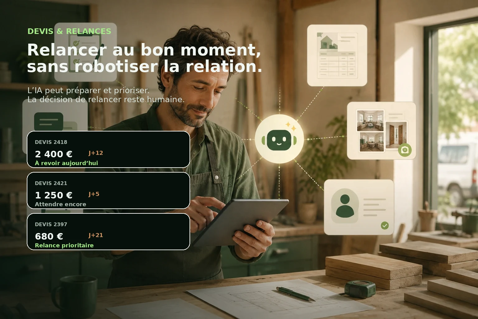 Artisan utilisant une méthode assistée par IA pour prioriser et préparer ses relances de devis