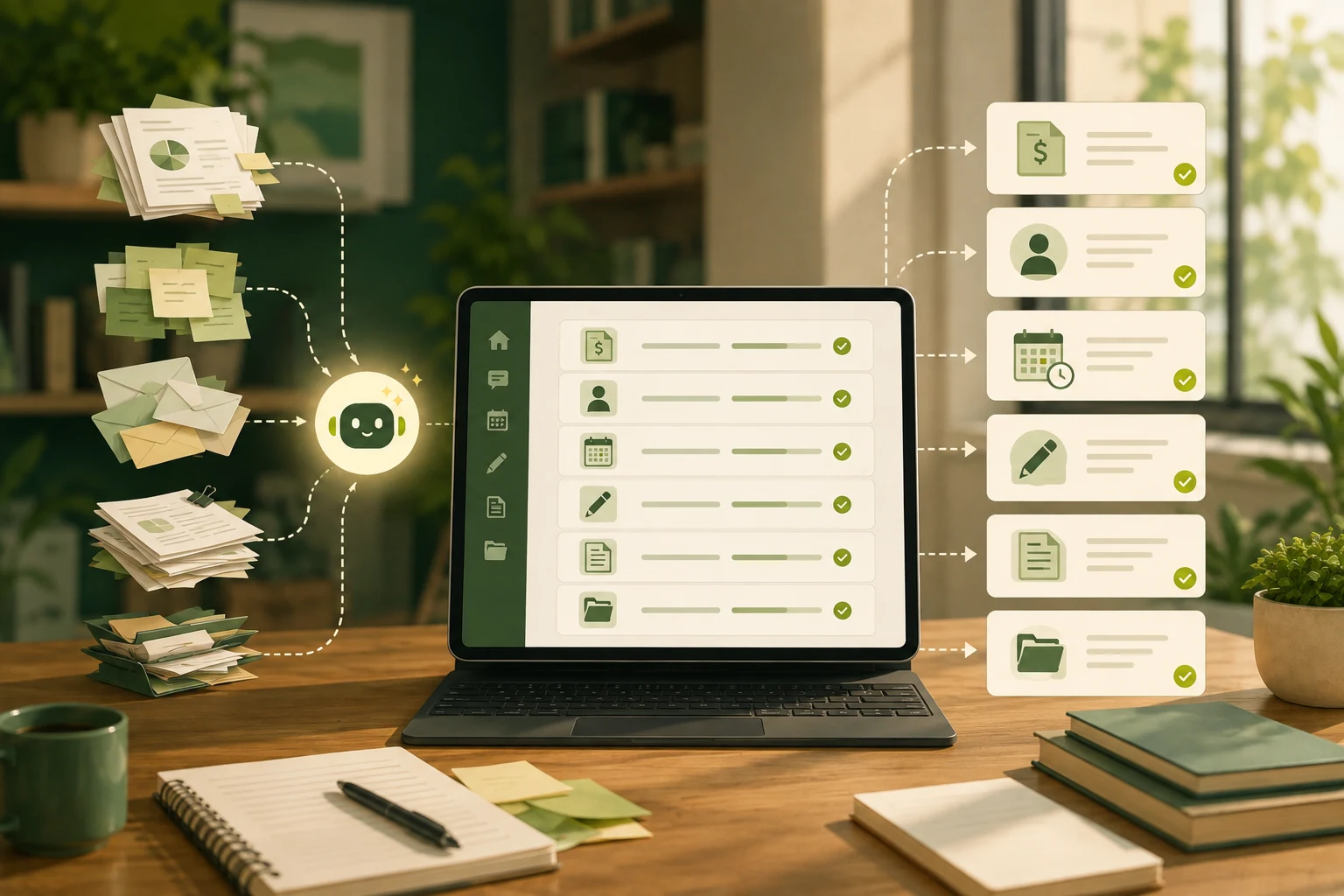 Workflow visuel montrant le passage d’un flux désordonné à une organisation structurée grâce à l’IA