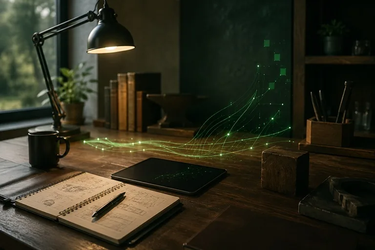 Espace de travail professionnel avec une représentation discrète d’un flux d’intelligence artificielle