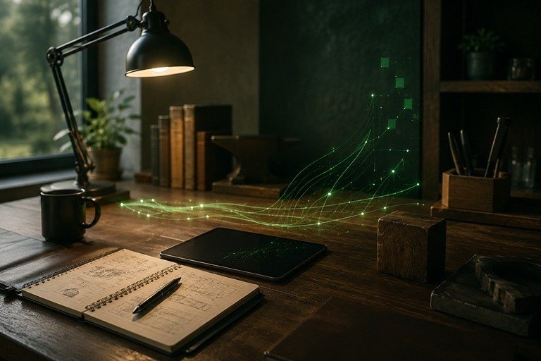Carnet de travail et signal numérique évoquant un usage IA façonné sur mesure