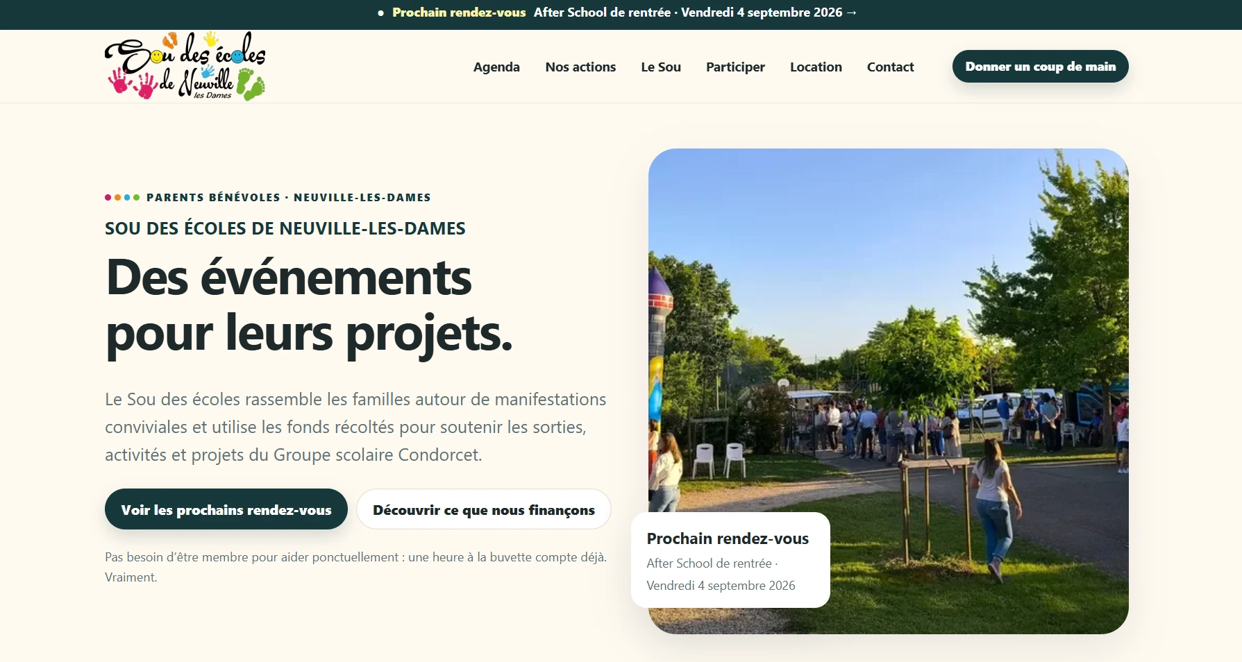 Capture réelle de la page d’accueil du Sou des écoles de Neuville-les-Dames après refonte